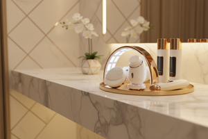 A modern luxury home spa setting with high-tech beauty gadgets like LED facial devices and facial cleansing brushes arranged on a marble counter. Elegant UAE-inspired décor, soft golden lighting, minimalist and premium feel, product-focused lifestyle shot, 16:9 banner format.
