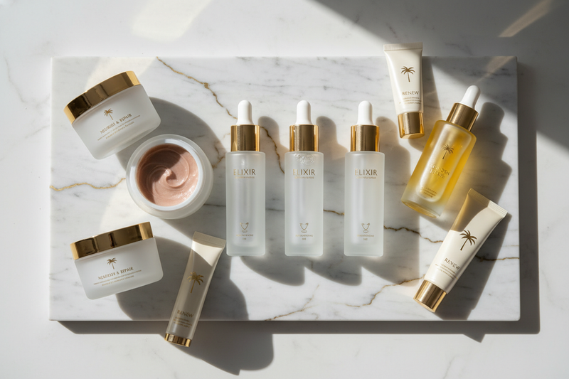 Flat lay or product-focused arrangement of premium hair care products including hair serums, masks, oils, and treatments on a white marble or light wooden surface with gold accents. Soft natural lighting, elegant and minimalist UAE luxury style, product-only composition, 16:9 banner format, high-quality lifestyle photography feel.
